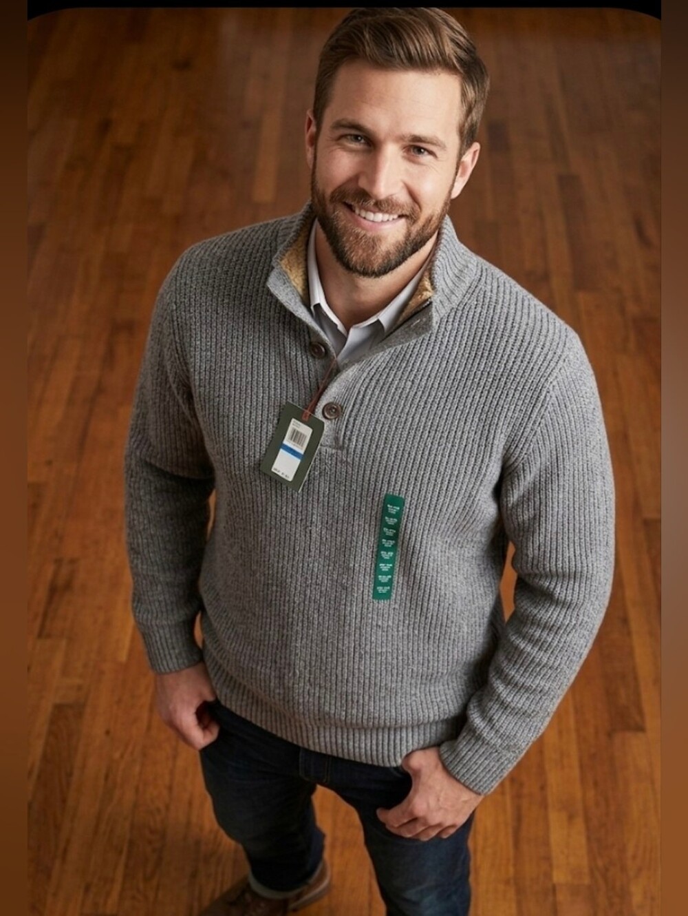 Bass Men’s Gray Ribbed Zip-Style Henley Sweater